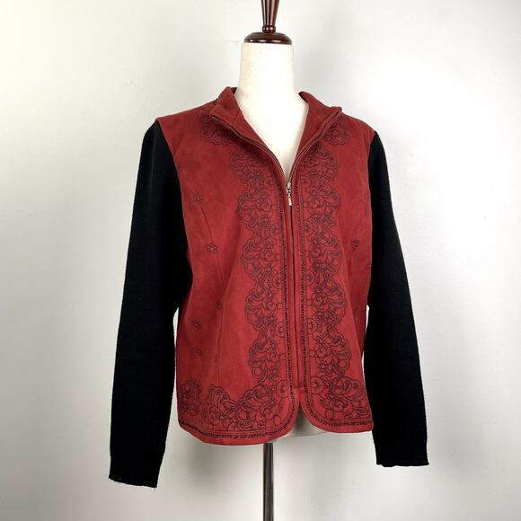 Coldwater Creek Faux Suede Sweater Jacket Ribbed Sleeves Beaded Full Zip Red L - Picture 7 of 16